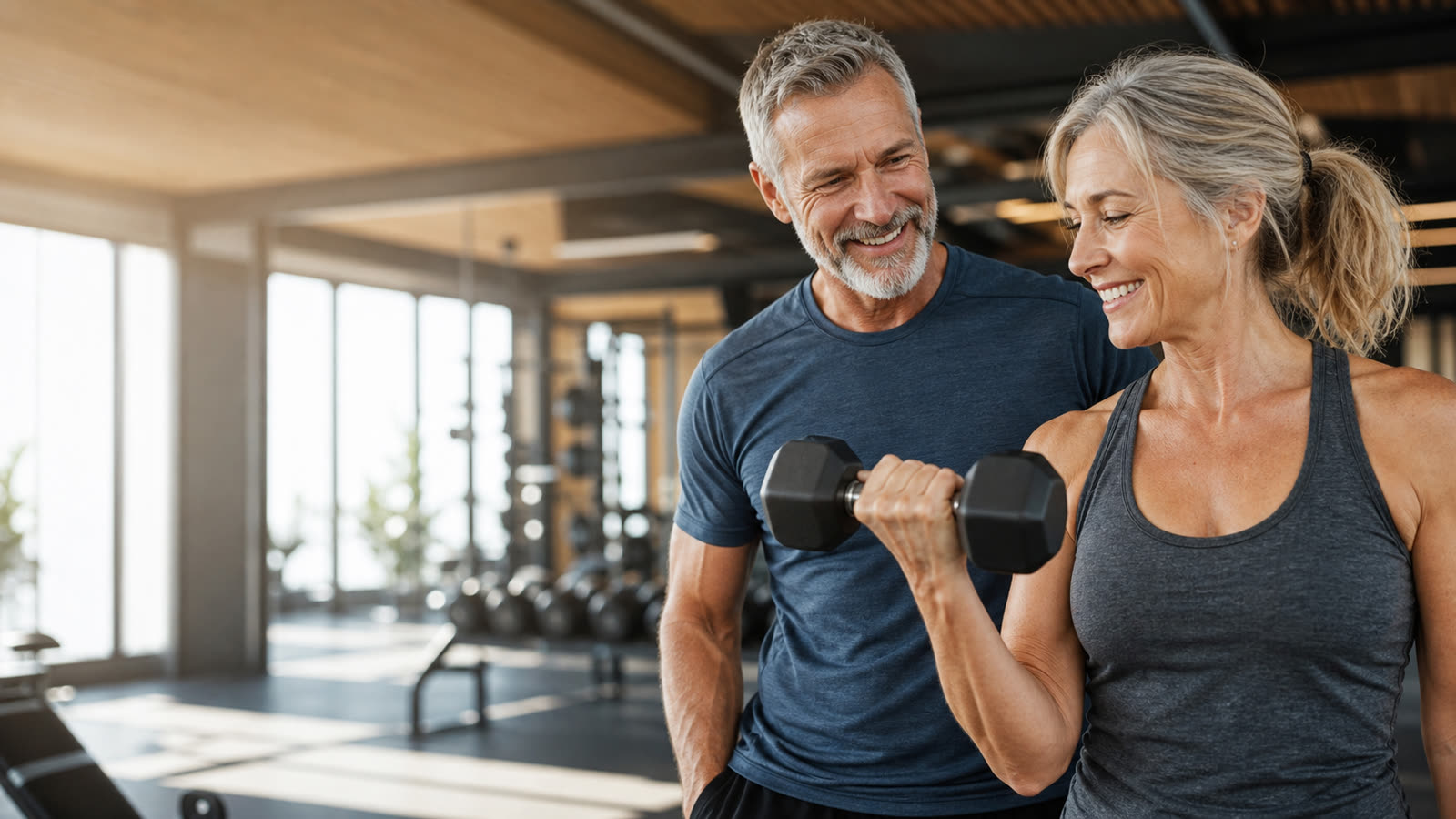 A fit man and woman in their 50s working out together in a gym